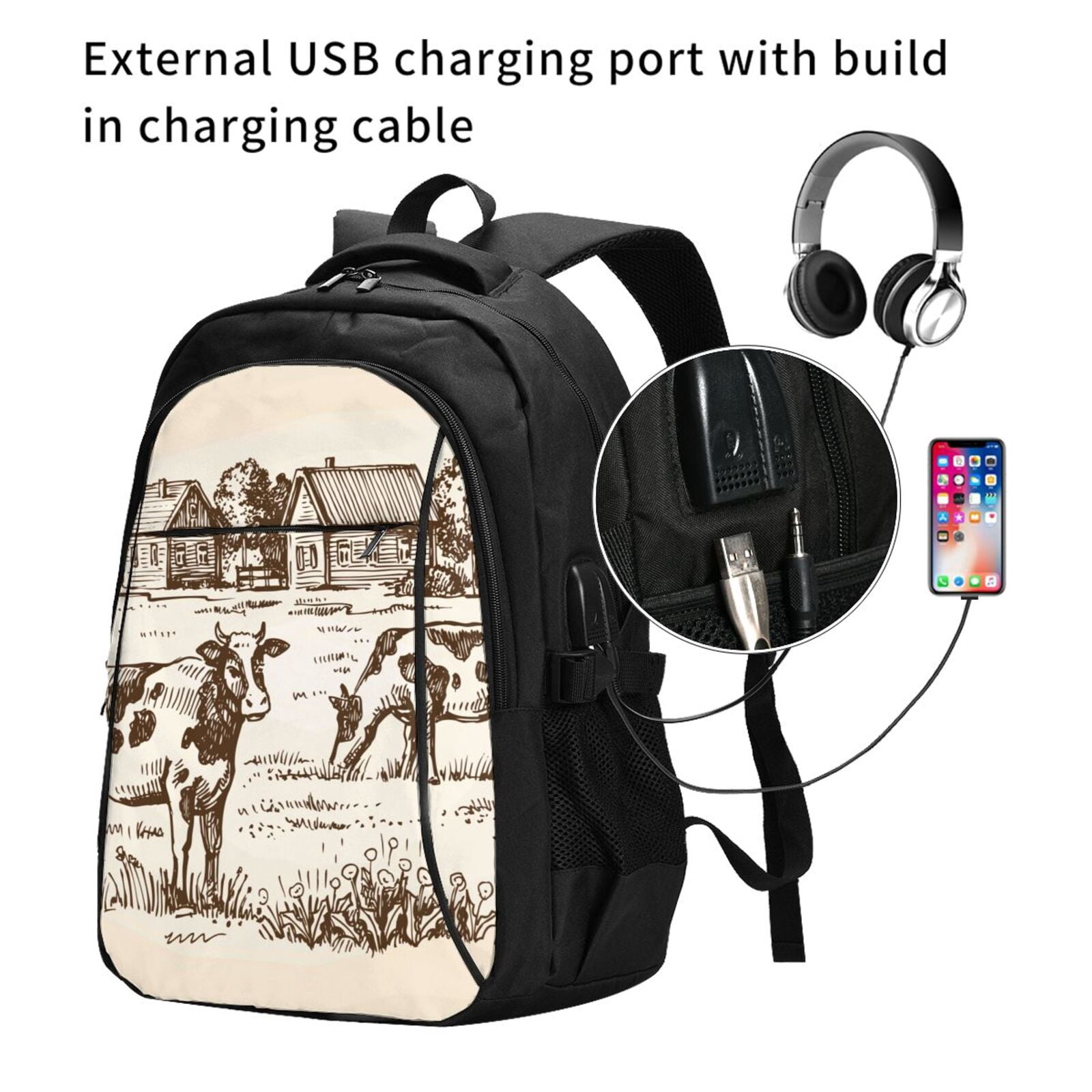 Horeoi Cows On The Farm Print USB Backpack for Travel School Work with Laptop Compartment Charging Port and Anti-Theft Pocket