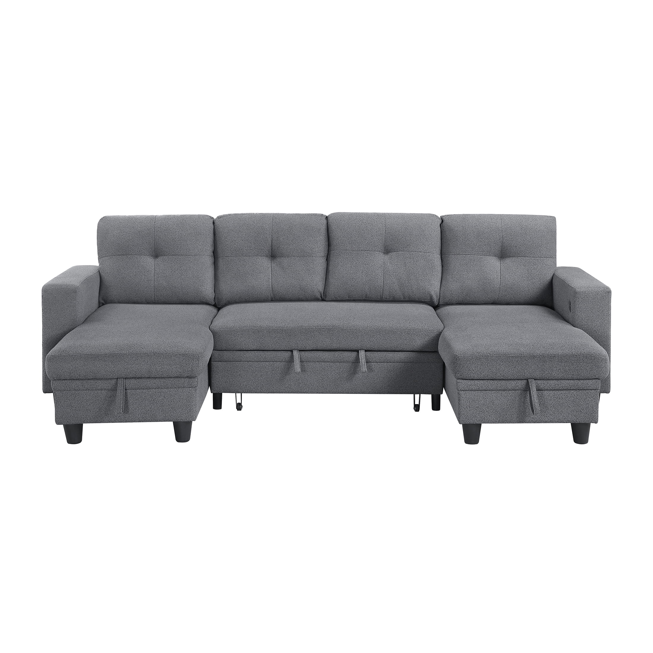 OakvillePark Vessarion Boucle Sectional with Two Chaises, Pull-out Bed, Shelves and Charging Ports, Gray