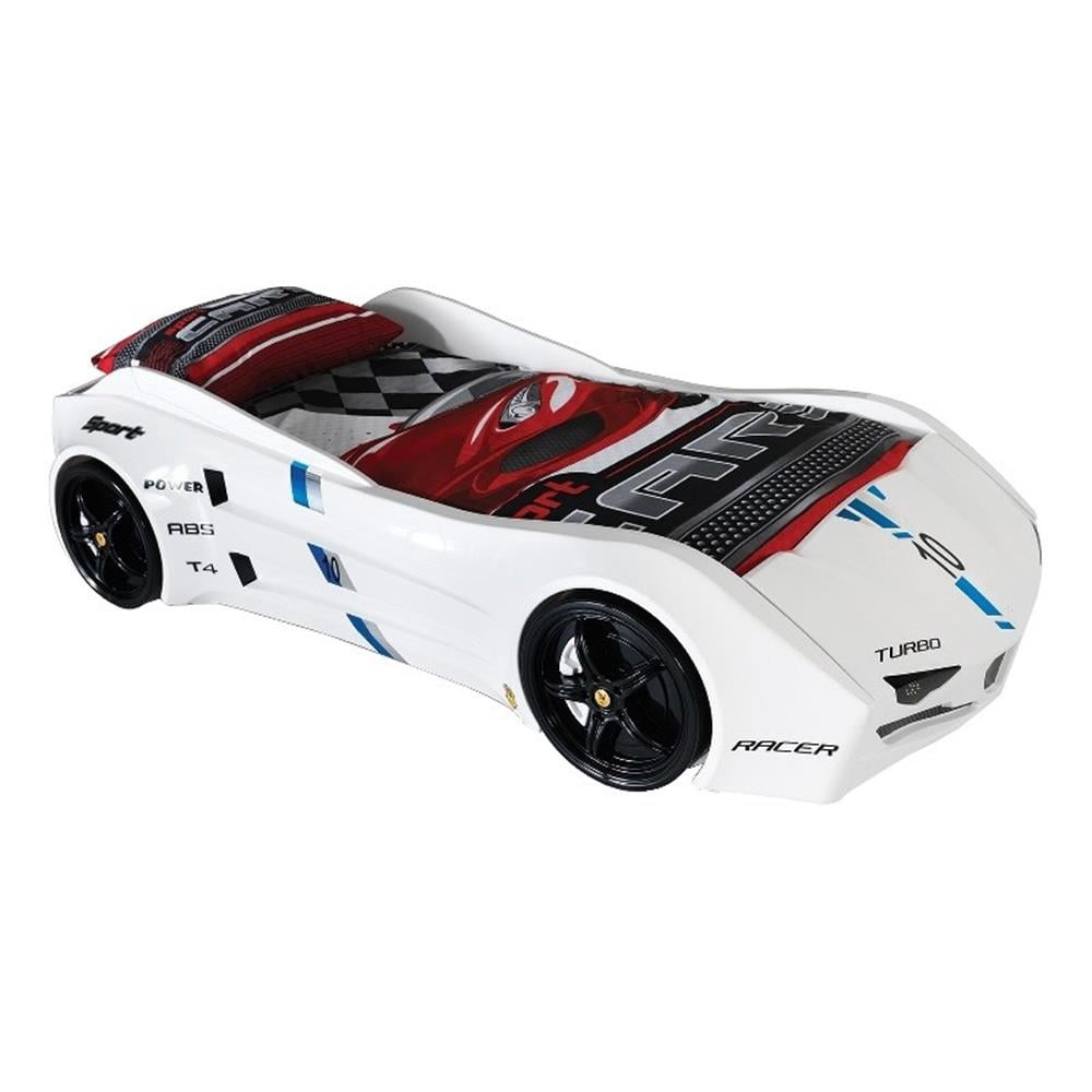 Pemberly Row Modern Wood Twin Race Car Bed with Remote Control in White