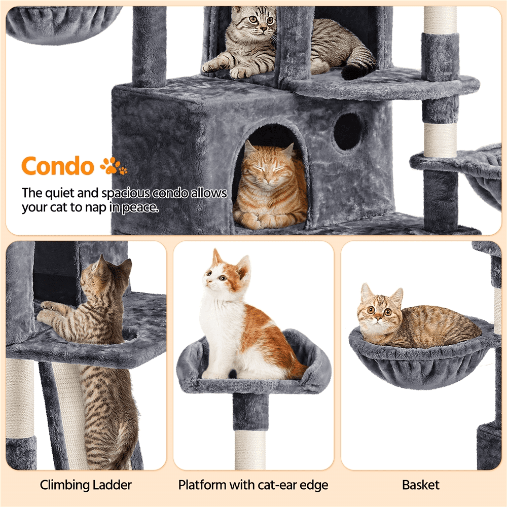 Alden Design 76.5" H Large Cat Tree Tower with 3 Condos Cozy Perches Dangling Ball, Dark Gray