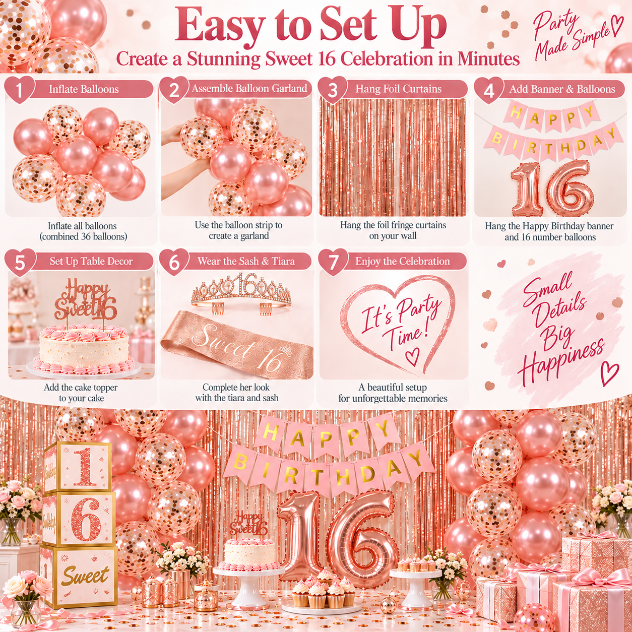 Happy Greetings Sweet 16 Rose Gold Party Kit 44-Pc photo 4