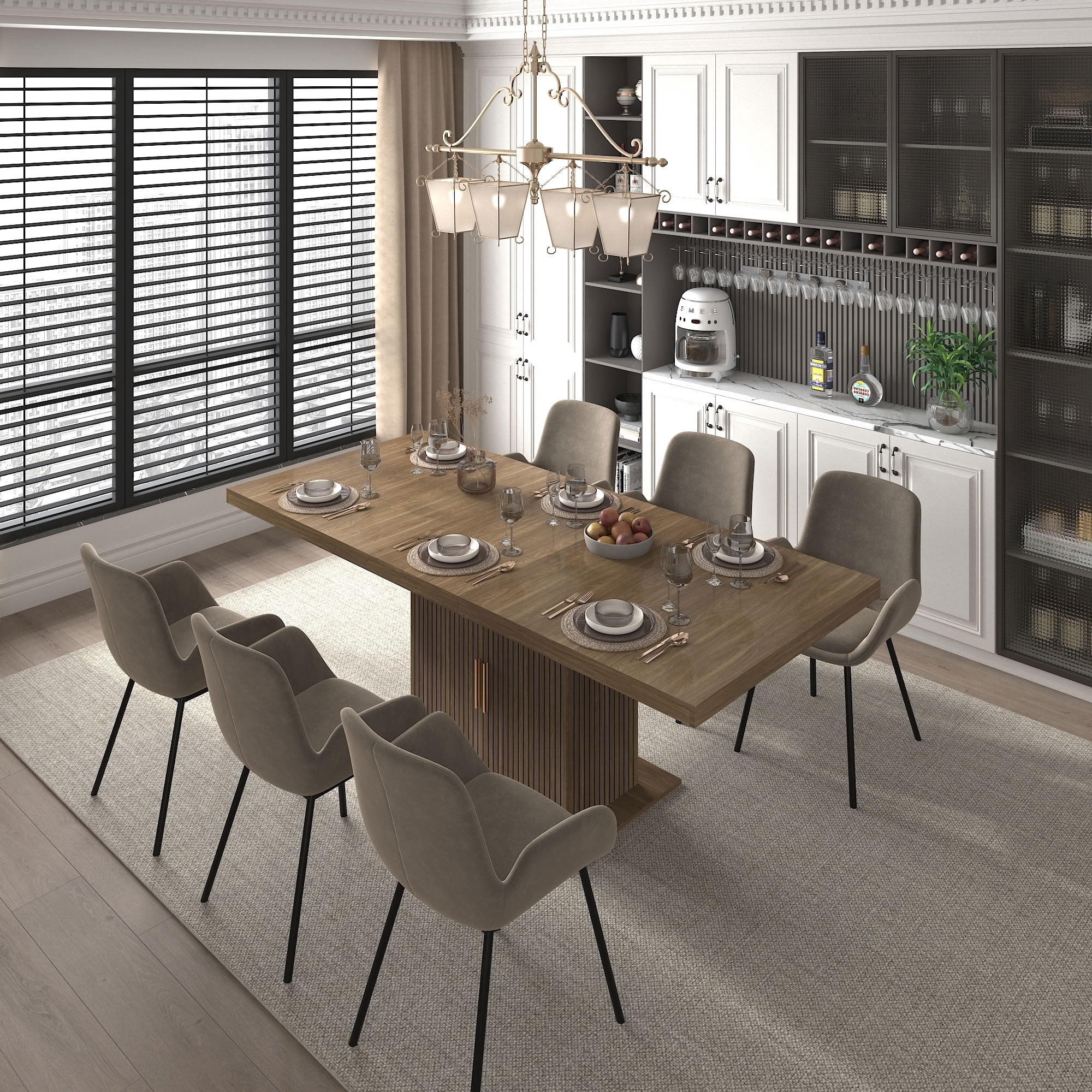 MAYEERTY Extendable Rectangular Dining Table for 6-10, Modern Extendable Kitchen Dining Table with Storage Cabinet, Waterproof Surface, for Dining Room, Apartment, Kitchen, Family Gathering Furniture