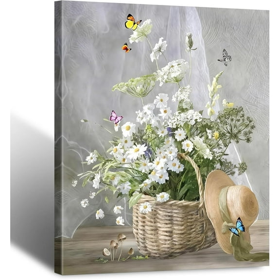 Rustic Daisy and Butterfly Canvas Wall Art Framed Country Flower Still Life Bamboo Basket Farmhouse Picture Wall Decor Painting Print Artwork for Bathroom Living Room Home Decoration 12x16inches