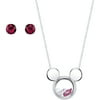 Disney 5mm Ruby and Clear Crystal Silver-Tone Mickey Mouse Necklace with Post Stud Earrings Set, 18"