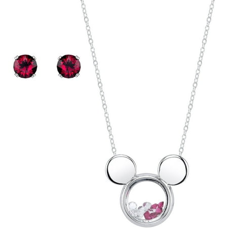 - Disney 5mm Ruby and Clear Crystal Silver-Tone Mickey Mouse Necklace with Post Stud Earrings Set, 18