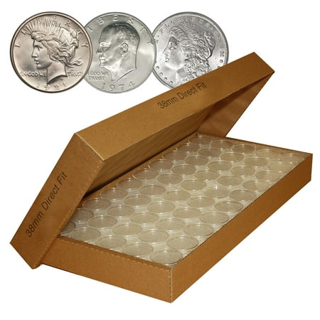 - 25 Direct-Fit Airtight 38mm Coin Capsules For MORGAN / PEACE / IKE DOLLARS w/BOX