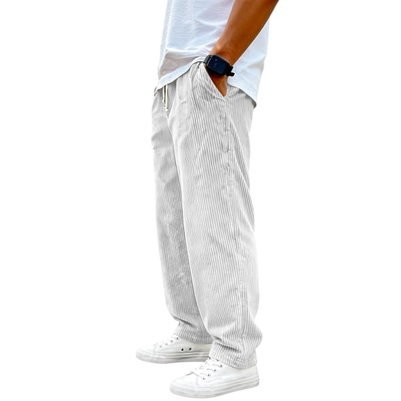 Nestiefly Men's Corduroy Pants Wide Leg Straight Sweatpants Elastic Waist Drawstring Casual Loose Fit Trousers Plus Size Clothes White L