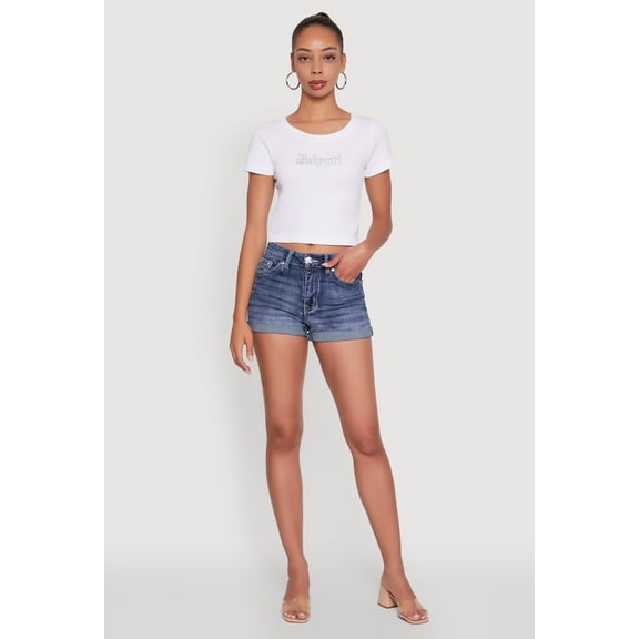 Womens Seamless Rhinestone Babygirl Graphic Cropped Tee