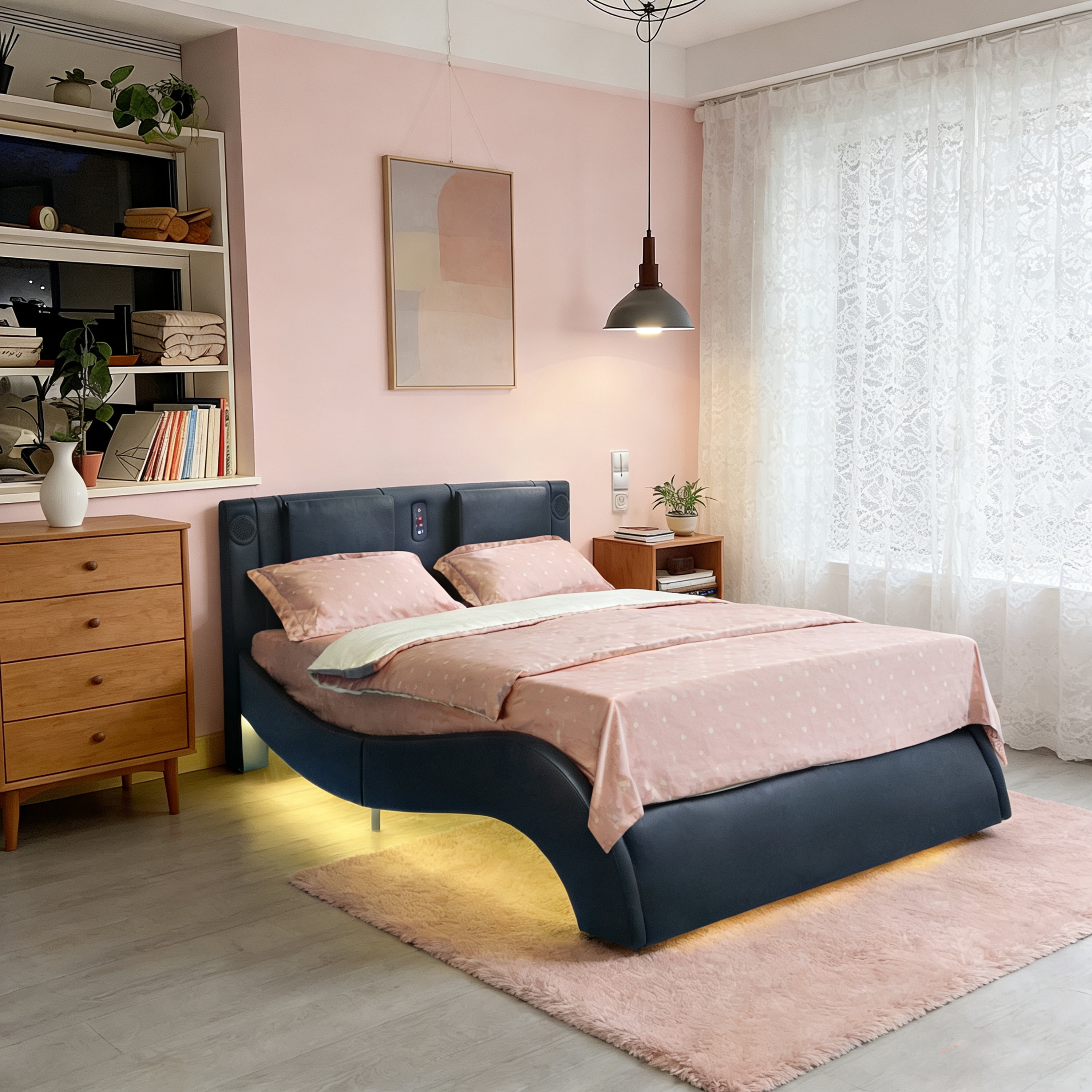 Mintazer King Faux Leather Platform Bed Frame with Massage Headboard & Bluetooth Speakers, Upholstered Platform Bed with USB Charging Ports & RGB LED Under Bed Lights for Bedroom, Black