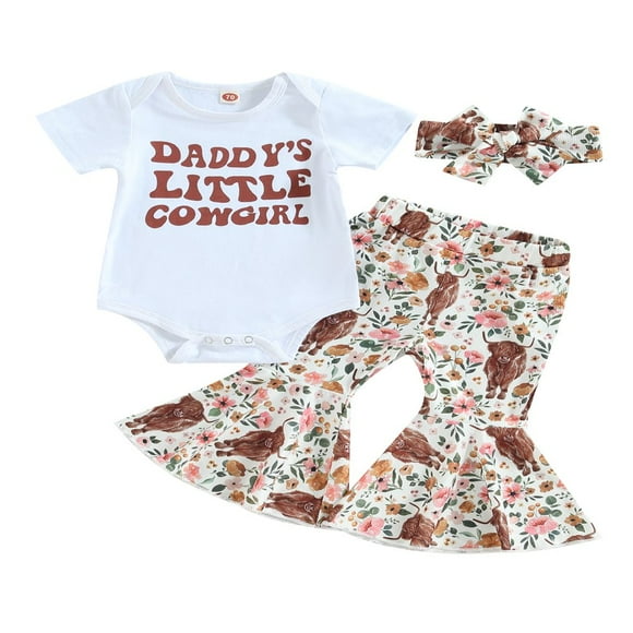 Western Baby Girl Clothes Infant Romper Highland Cow Flare Pants Headband 3Pcs Bell Bottom Outfit Set White 2 3-6 Months