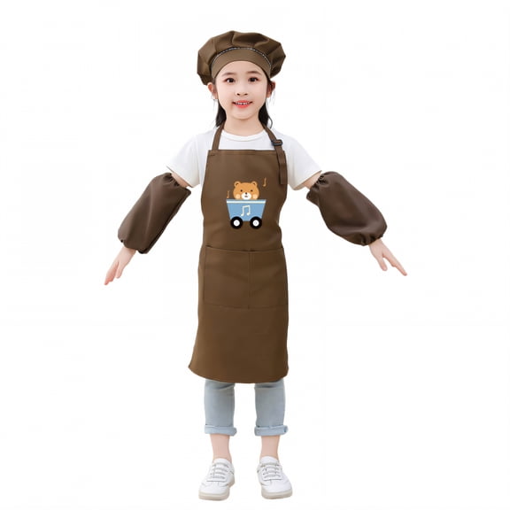 AUQ Kids Apron,Polyester Fiber Apron with Pockets,Body-Hugging Fit Kids Aprons for Cooking,Coffee2