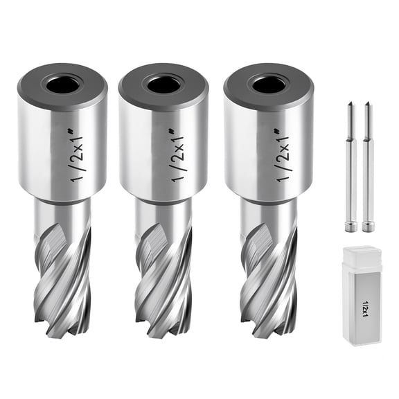 KFFKFF Annular Cutter Set, 5-Piece Weldon Shank Drill Bit Kit, 1" Depth, 1/2" Diameter, HSS Material, Includes 3 Drill Bits, 2 Pilot Pins, and 3 Storage Cases, Compatible with Magnetic Drills