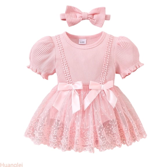 Huanglei Baby Girl Romper Dress Lace Tutu Bodysuit Jumpsuit Flowers Embroidery Skirt Girl Spring Summer Clothes ,9-12 Months ,Pink