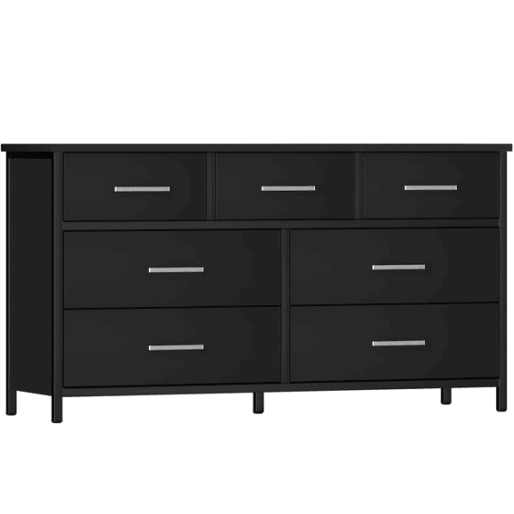 IKENO 7 Drawer Dresser for Bedroom, Industrial Wood Storage Organizer with Sturdy Steel Frame, Wood Dressers & Chests of Drawers for Dorm,Nurseries,Office, Black