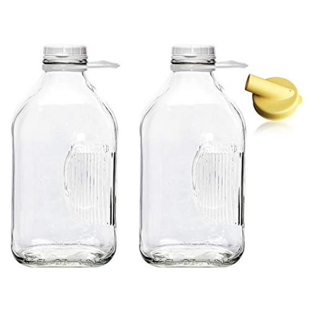 The Dairy Shoppe Heavy Glass Milk Bottles 2 Quart (64 Oz) Jugs with Extra Lids & FREE Pour Spout