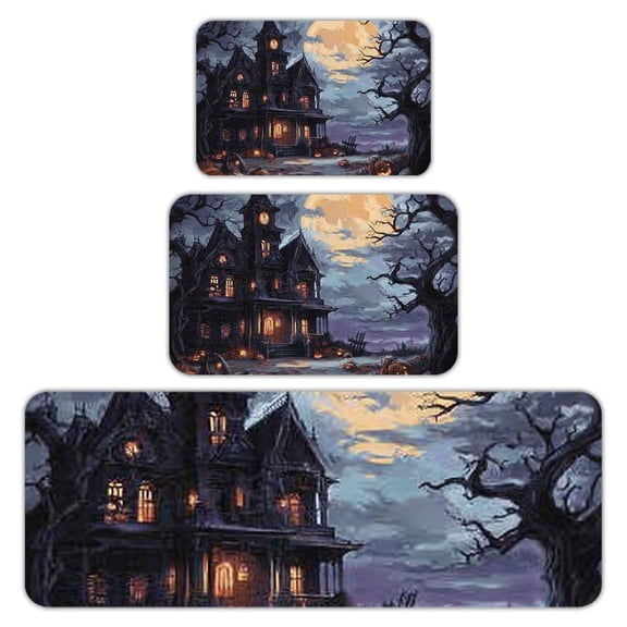 RKSupls Kitchen Rug Set 3 Piece Anti-Slip Flannel Floor Mats, Halloween Haunted House Washable Absorbent Runner Mats for Kitchen Bathroom Home Decor