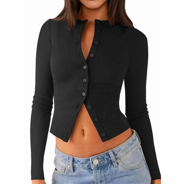 Blusas de Larga para Mujer, Cárdigan Ligero de Otoño, Camisetas para Salir, Blusas Acanaladas con Botones, Lindas y A Negro S