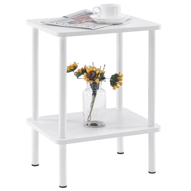 Mesa auxiliar Apicizon de 2 niveles con estante de almacenamiento blanco para dormitorio