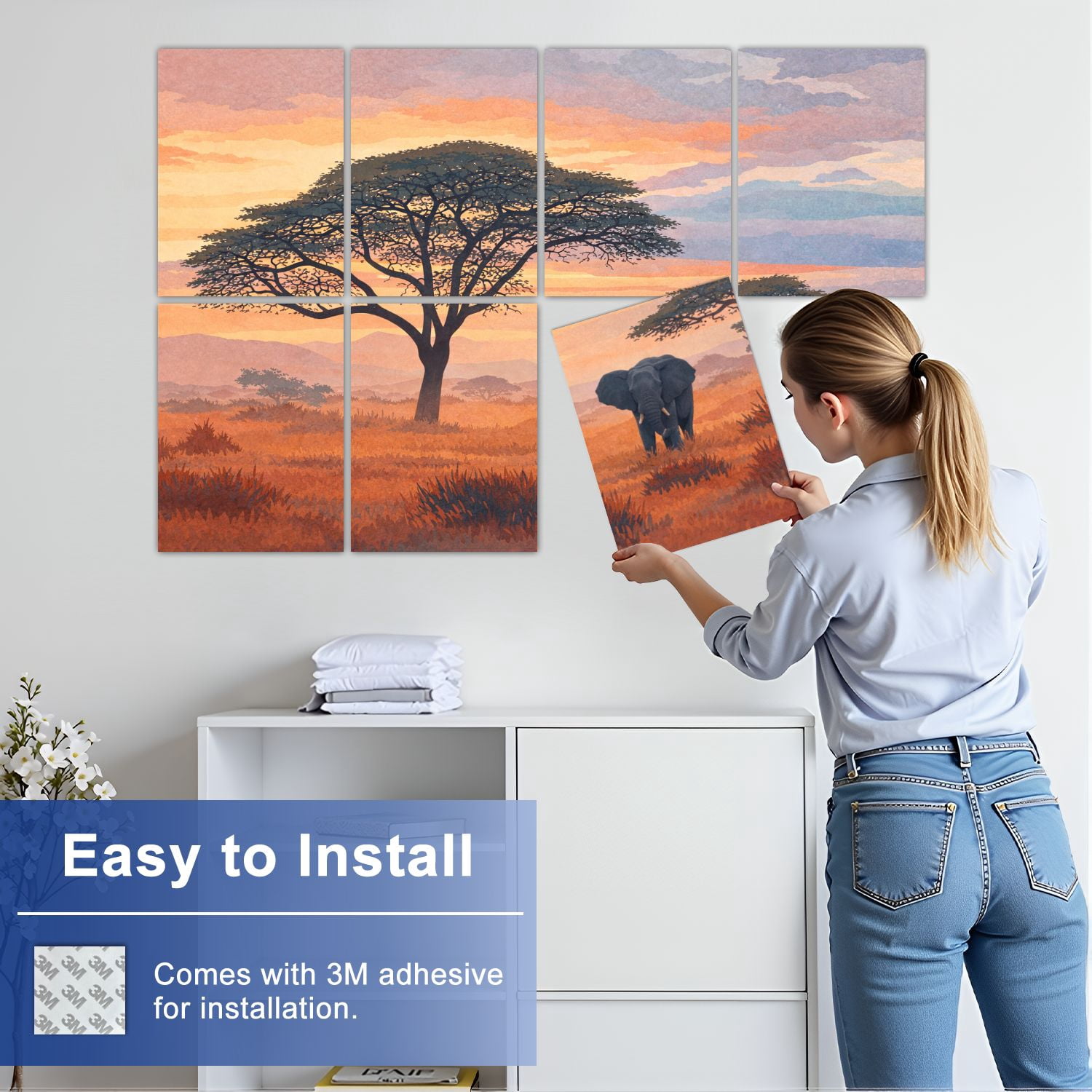 8 Pack Art Acoustic Panels Sound Absorbing Wild African elephant savannah National Park Wildlife Decorative Soundproof Wall Panels Self Adhesive for Nursery Game Room Bedroom 48"x32"