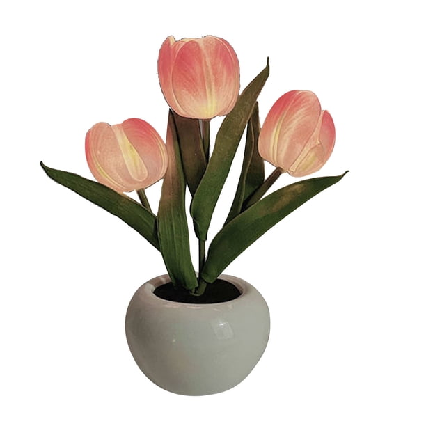Lámpara de noche de tulipán, luz suave, exquisita cerámica, lámpara de mesa con flores de poliuretano para librerías, cafeterías, base de cerámica a pilas, color rosa.
