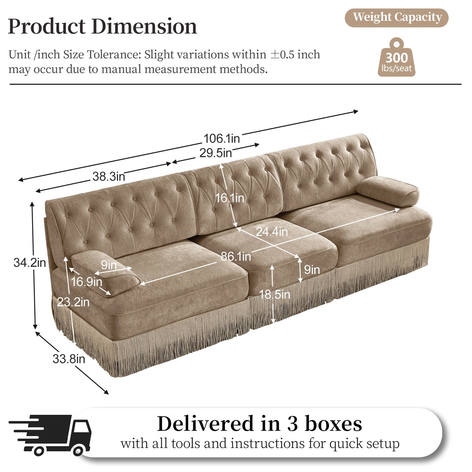 Hommoo 3-Seater Chesterfield Style Velvet Fabric Sofa Couch set, Tufted Button Upholstered Design and Floor-grazing Tassel, Free Combination Sectional Sofa, for Home, Camel