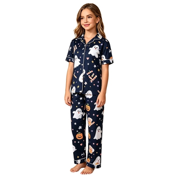 JIAYUE Girls Child Pajamas Out Halloween Style Print Spring Autumn With Short Sleeve Notch Collar Tees Long Pants Two Piece Comfort Sleepwear Casual Indoor Bedtime Soft Loungewear ,12-13 Years
