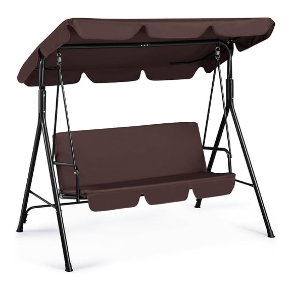 3-Person Outdoor Patio Swing Chair, Canopy Swing w/Removable Cushion, Convertible Canopy Hanging Swing Glider Lounge Chair, Drak Brown