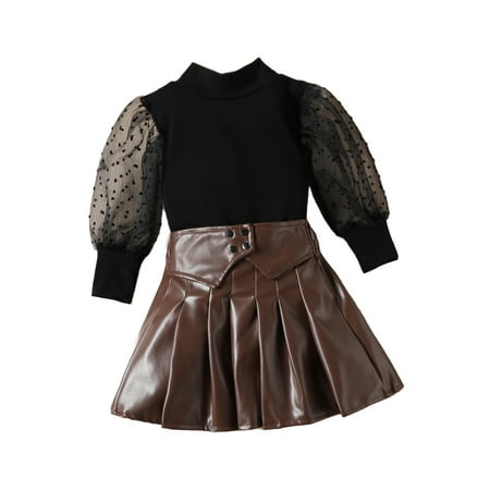 

Odeerbi Girls Pleated Leather Skirt Set Toddler Girls Clothes Princess Party Tulle Dress Round Neck Patchwork Mesh 2024 Long Sleeves + Leather Skirt Pleated Skirt Set Black 5-6 Years