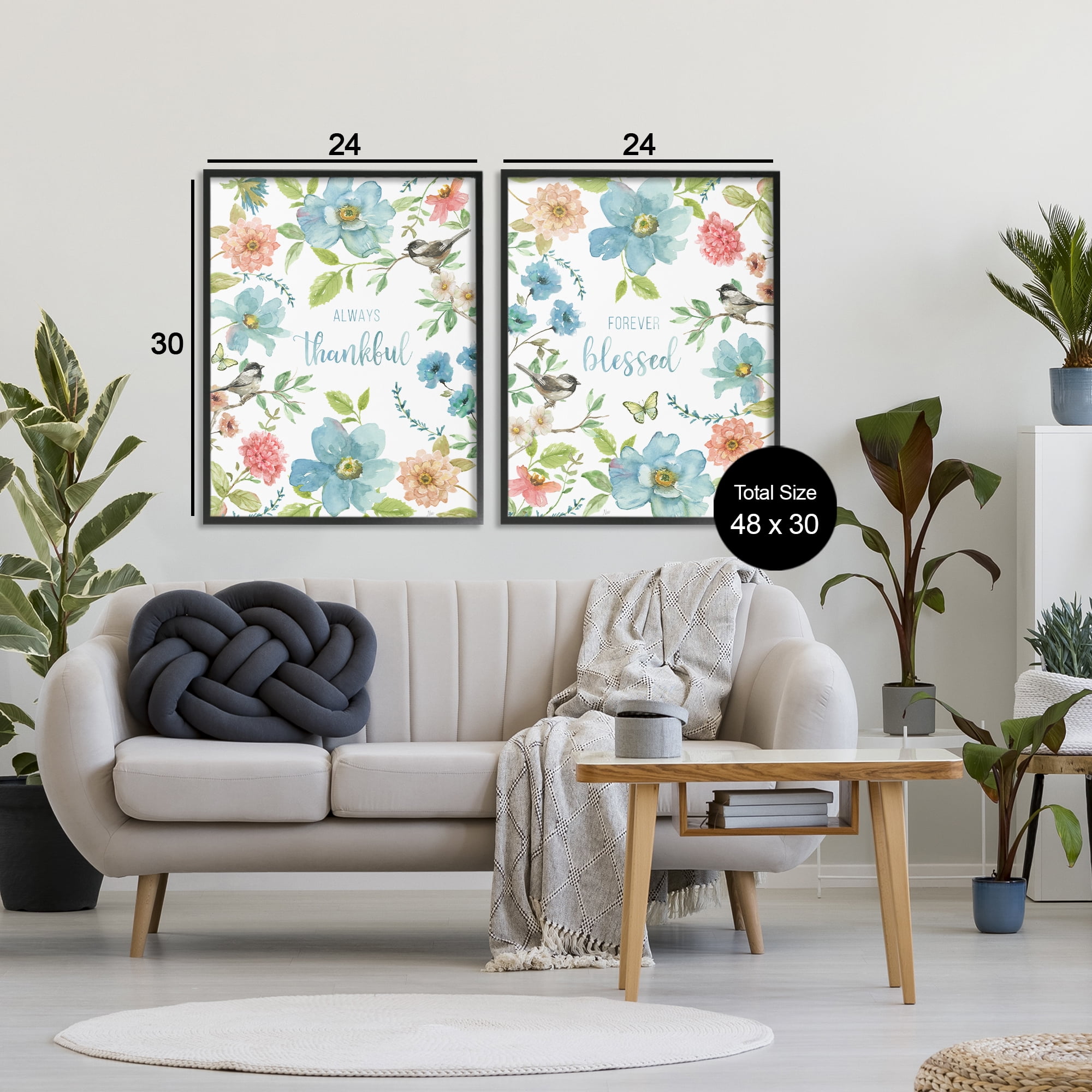 Stupell Industries Pink & Blue Gratitude Blooms 2 Piece Black Framed Giclee Art Set, design by Nan