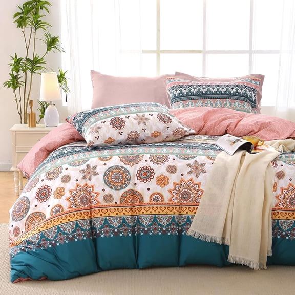 Bed in a Bag Queen 7 Pieces, Queen Comforter Set Reversible Bohemian Botanical Flowers Design, Ultra Soft & Breathable Bedding Sets with Comforter, Sheets, Pillowcases & Shams