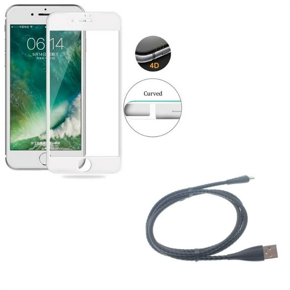 iPhone 8/7/6S/6 - Tempered Glass Screen Protector w 3ft Metal USB Cable - 4D Touch Curved Edge Full Cover Bubble Free Case Friendly, Charger Cord Power Wire Braided Sync for iPhone 8/7/6S/6