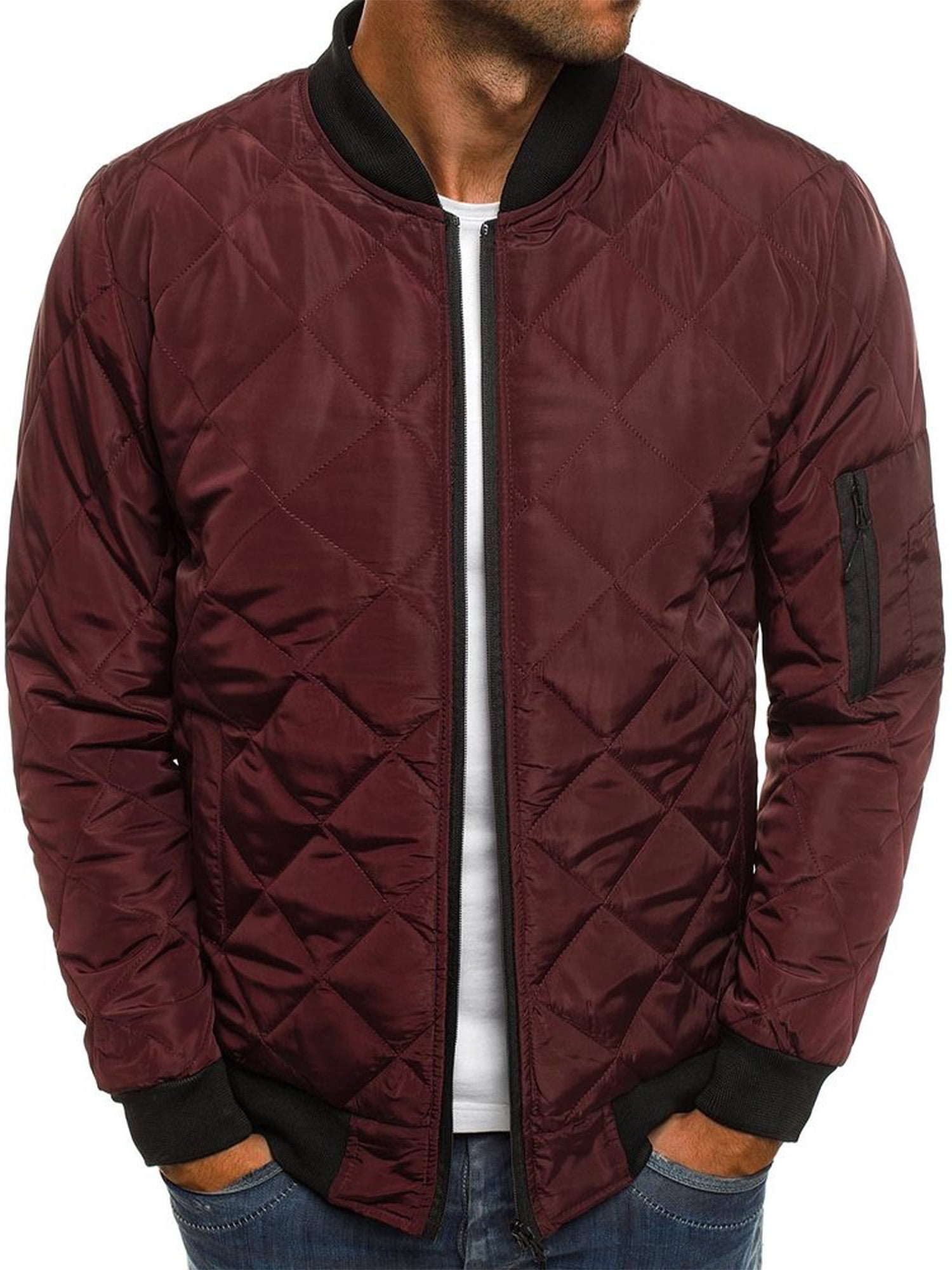 Men's Cotton Fleece Lined Jacket Slim Fit Plain Zipper Outwear Bomber Warm Coat