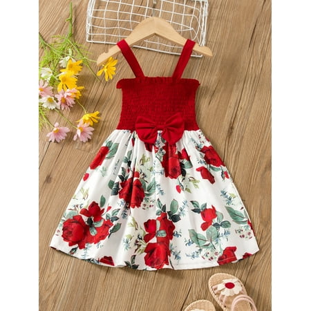 

Red and White Toddler Girls Floral Print Bow Front Shirred Frill Trim Cami Dress Boho 130 S040E