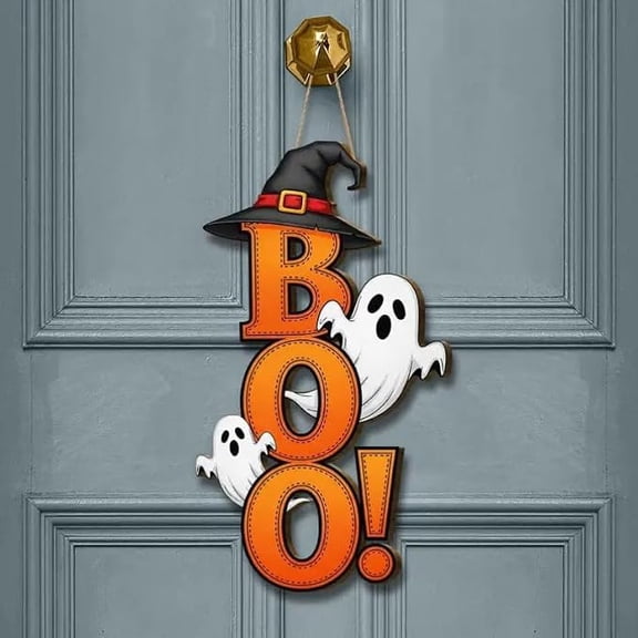 FufuCrick Halloween Door Hanger, 5.9x3.9x0.12 inches Wooden Ghost Halloween Door Hanger for Halloween Decor, Wall Sign for Halloween Party Decorations, Orange