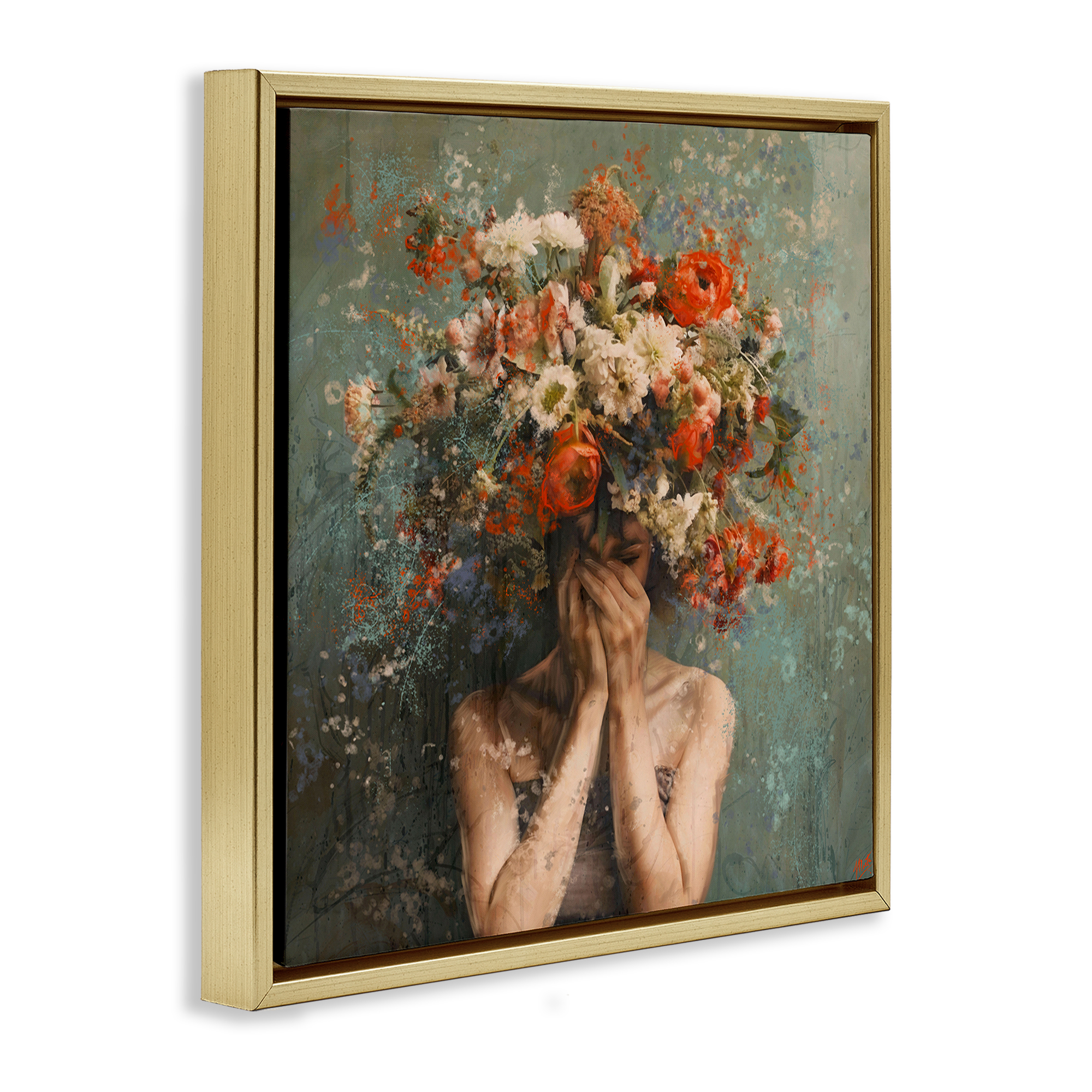 Stupell Industries Floral Figure Portrait Floral & Botanical Painting Gold Floater Framed Canvas Art Print Wall Art, 18 x 18