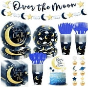 Navy blue "Over The Moon" baby shower decor: starry night theme (paper, napkins, etc.). Serves 24 — includes banner, cupcake toppers.