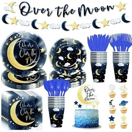 Navy blue "Over The Moon" baby shower decor: starry night theme (paper, napkins, etc.). Serves 24 — includes banner, cupcake toppers.