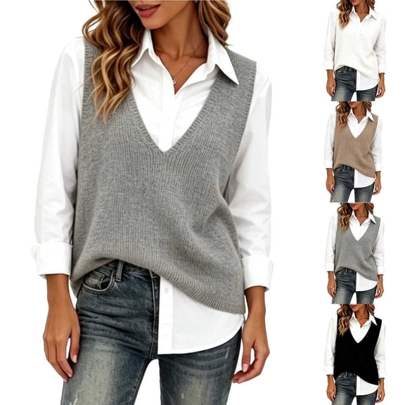 Plus Size V Neck Knit Sweater Vest Sleeveless Sweaters for Women Women's Winter V-Neck Knitted Solid Color Sweater Gray L