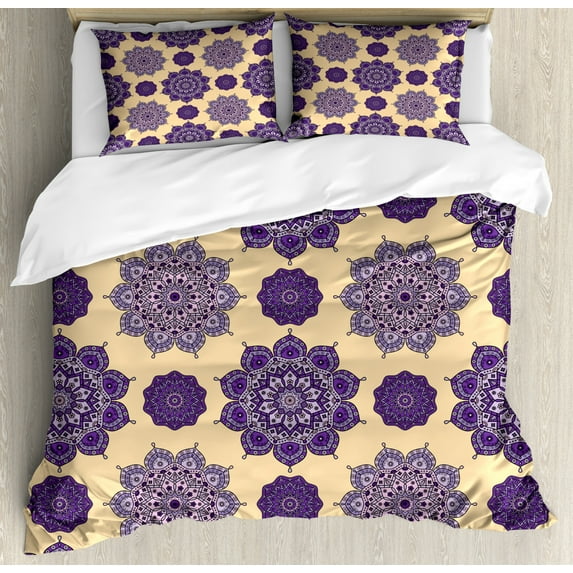 Mandala Duvet Cover Set Queen Size, Ethnic Meditation Symbol Bohemian Pattern Oriental Philosophy Yoga Pattern, Decorative 3 Piece Bedding Set with 2 Pillow Shams, Purple Peach Mauve, by Ambesonne