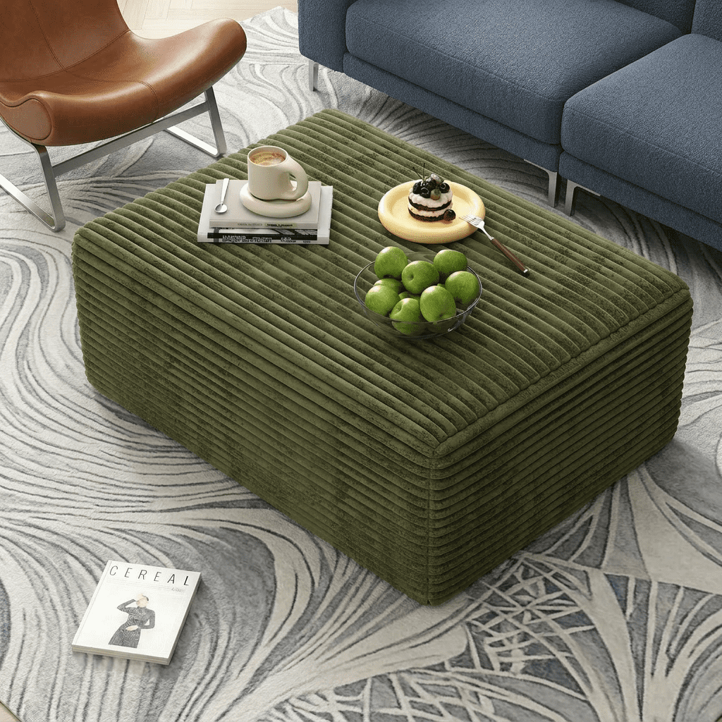 Large Oversized Corduroy Ottoman Footrest for Sofa Large Rectangle Floor Bench Extra Seating Coffee Table for Living Room, No Assembly (Sage Green)