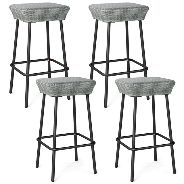 Gymax 29.5'' Metal Bar Height Stools Set of 4 w/ Rattan Seat & Footrest for Backyard