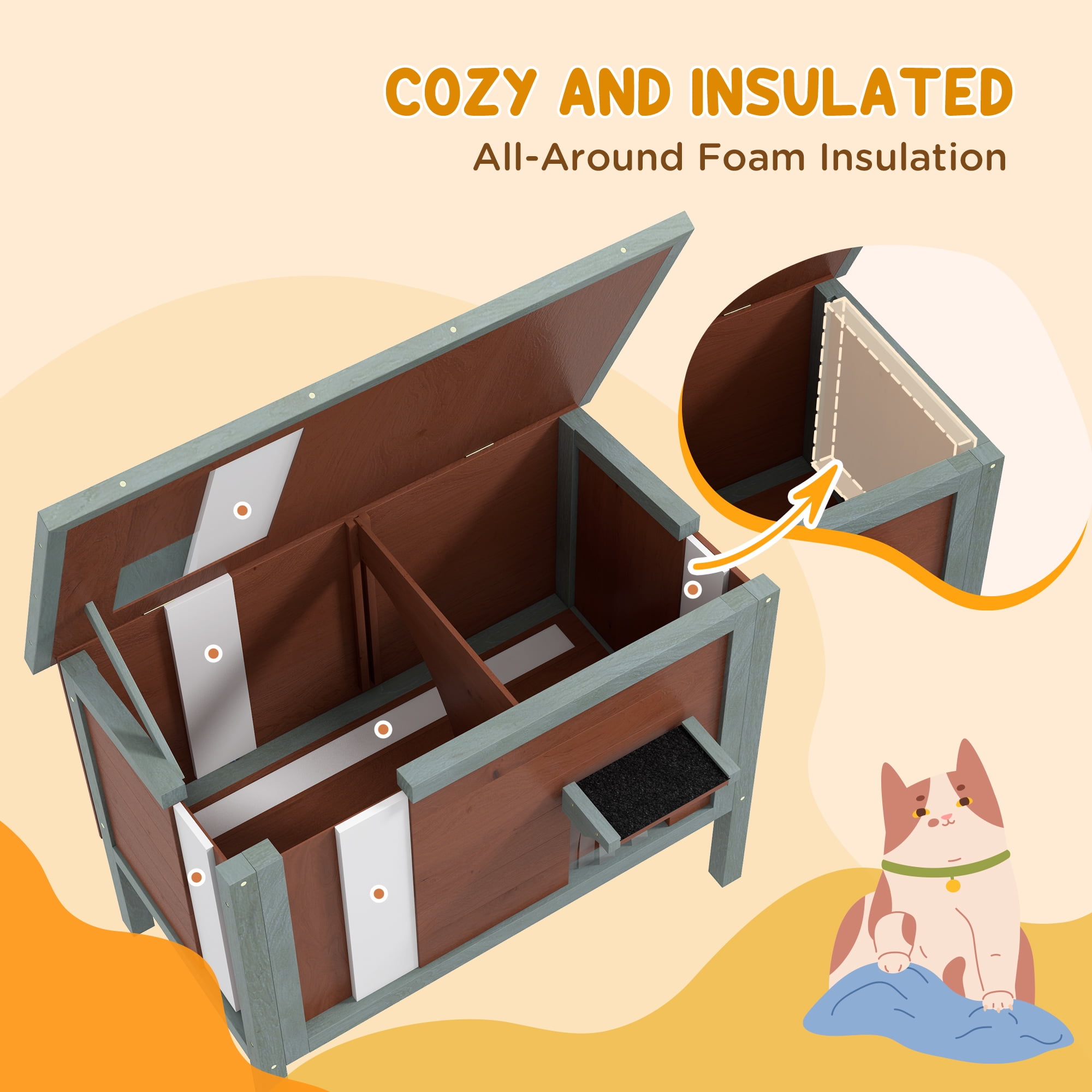 Outdoor Cat House, Wooden Feral Cat House, All-Around Foam Insulated Cat Shelter with Weatherproof Roof, Removable Floor, Openable Roof, Brown