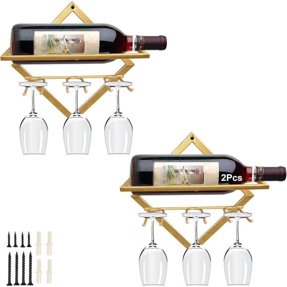 2Pcs Metal Wall Mounted Wine Holder Stemware Glass Rack, Upgrade Collapsible Hanging Red Wine Racks Organizer with 3 Stem Glass Holders, Wine Bottle Display Hanger for Home Kitchen Bar Decor…