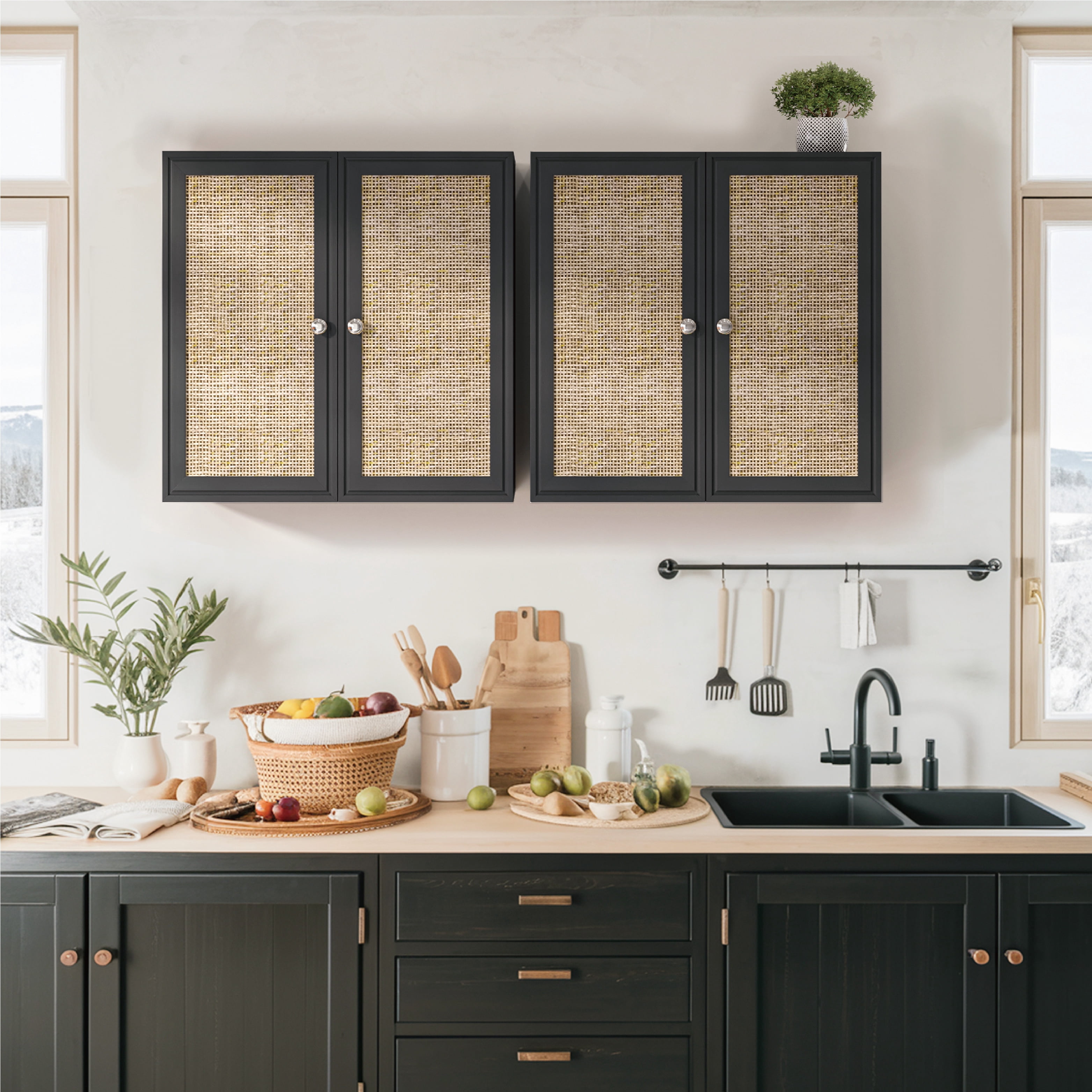 24"W Rattan Laundry Room Cabinets with Lights, Bathroom Cabinets Wall Mounted with Adjustable Shelves, Wall Cabinet for Bathroom/Kitchen/Bedroom (2PCS, Black)