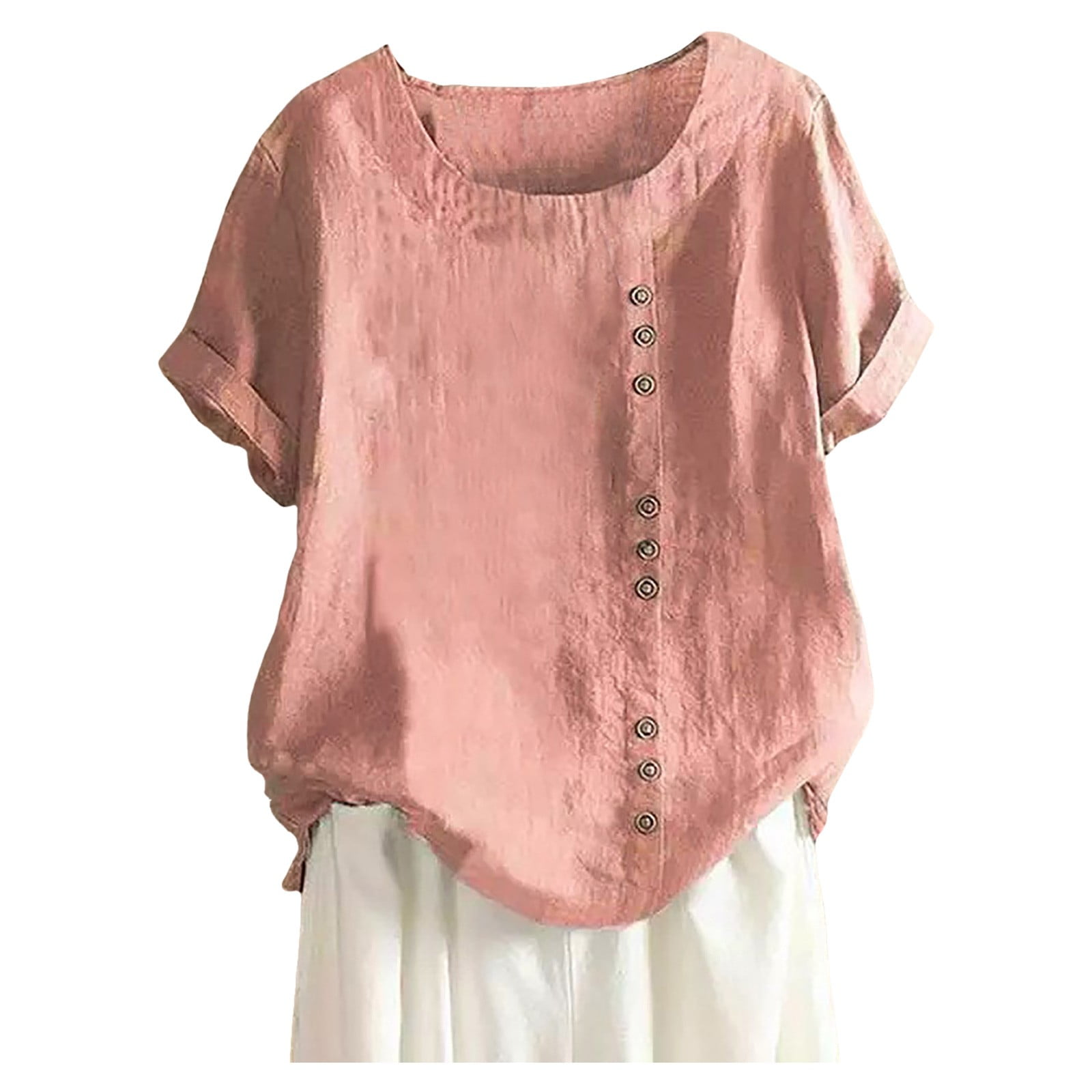 WEIYLL Womens T Shirts Plus Size Linen Loose Tunic Breathable Boho Solid Pink Tops Sizes XXXXL