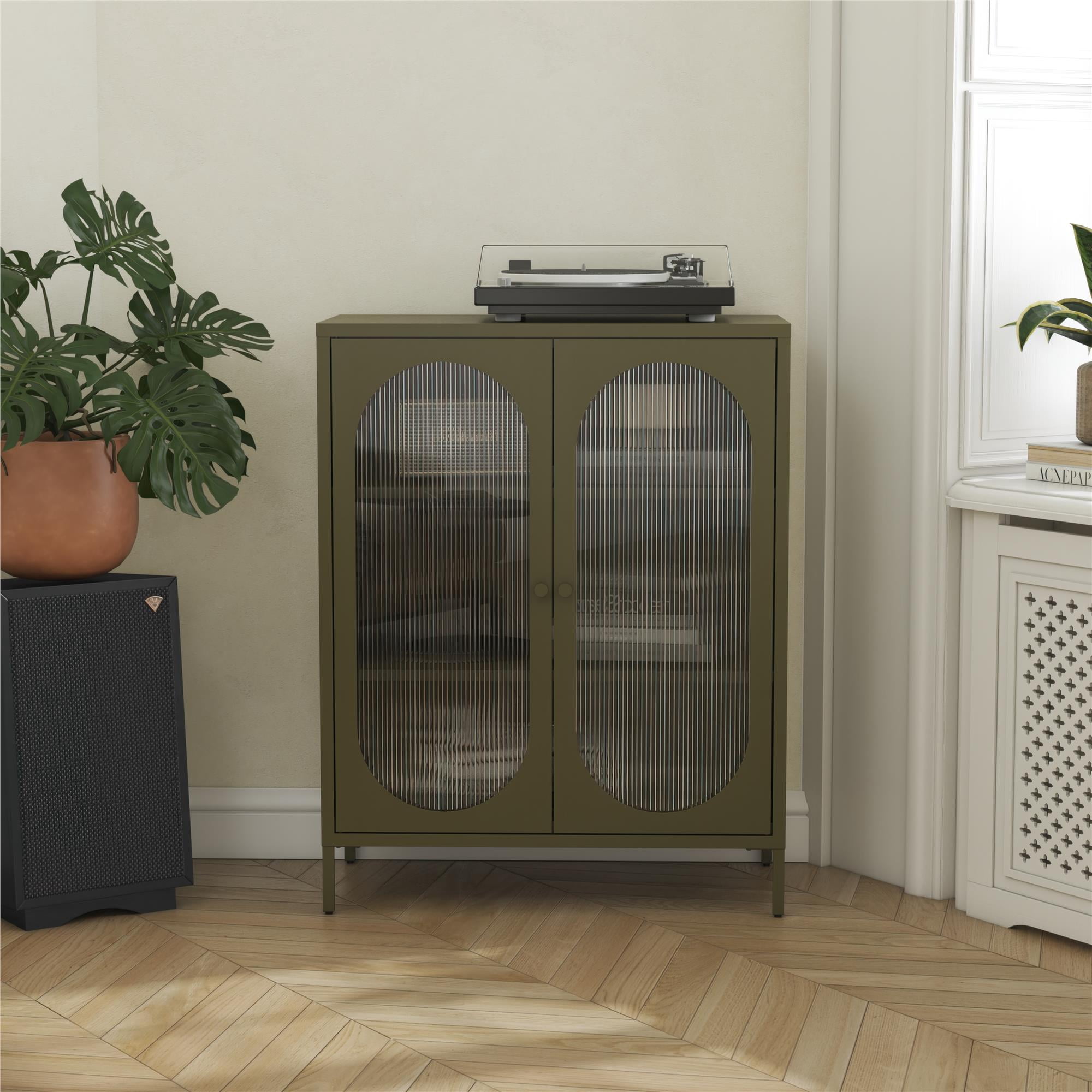 Mr. Kate Luna Short 2-Door Metal Accent Cabinet with Fluted Glass, Olive Green