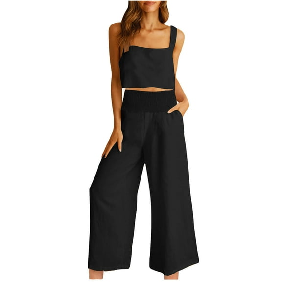 qolati Two Piece Sets for Women Summer Outfits Square Neck Cotton Linen Tank Crop Top Wide Leg Pants Matching Lounge Set Tracksuit