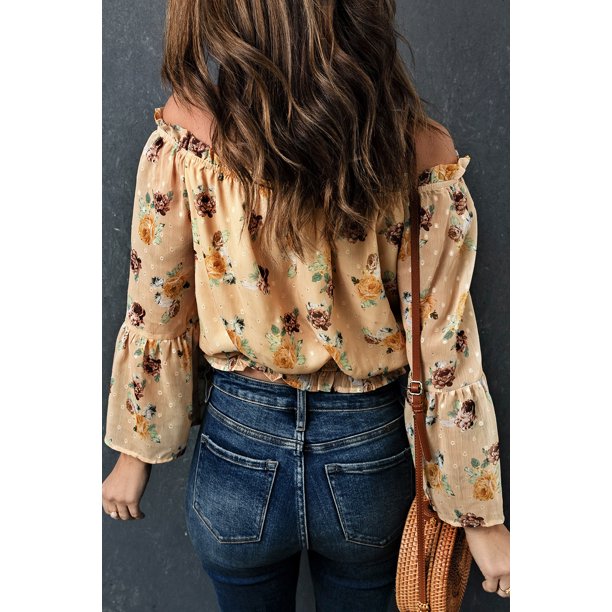 ABPHQTO Top corto floral con mangas acampanadas amarillas para mujer