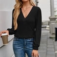 thumbnail image 4 of ATOYSOY Casual Cotton Linen Loose Shirts for Women Outwear Fall Solid Color Tops Trendy Deep V Neck Pullovers Long Sleeve Tees Black L, 4 of 6