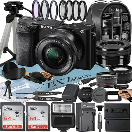 Sony a6100 Mirrorless Camera with 16-50mm Lens + Tripod + 2Pack 64GB Memory Card + Flash + Backpack + ZeeTech Cloth